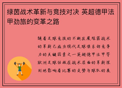绿茵战术革新与竞技对决 英超德甲法甲劲旅的变革之路