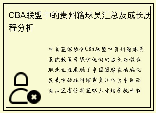 CBA联盟中的贵州籍球员汇总及成长历程分析